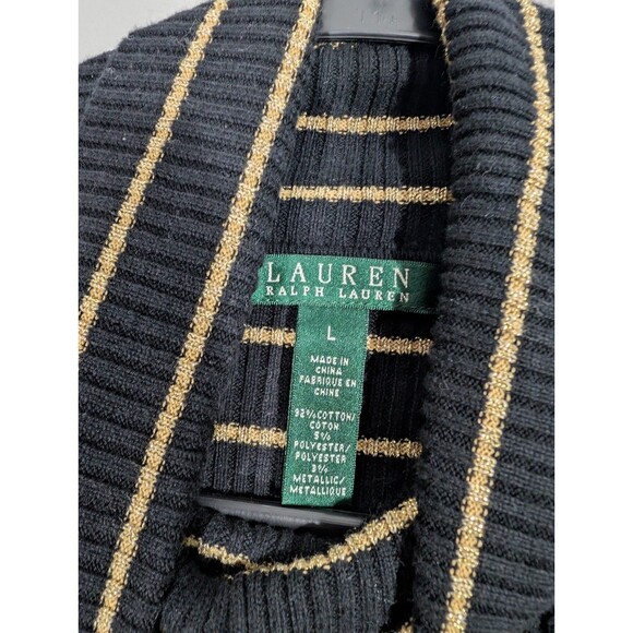 LAUREN Ralph Lauren Womens Black Gold Striped Knit Turtleneck Sz L Mature Preppy - Picture 3 of 7